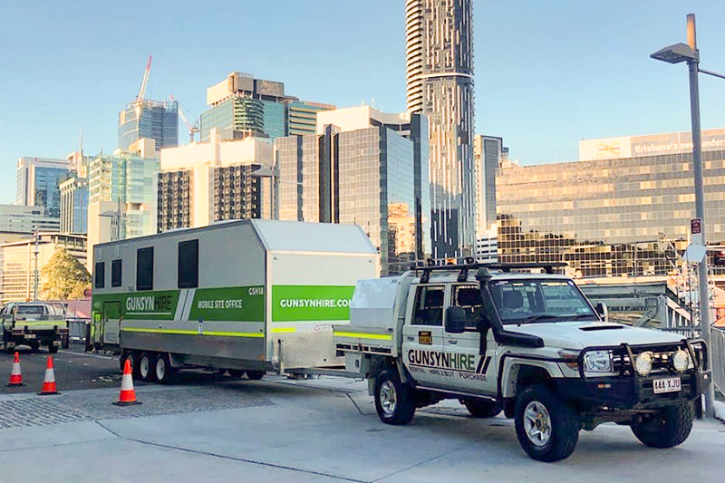 One of our Gunsyn hire caravan being towed into position at Brisbane's new casino site