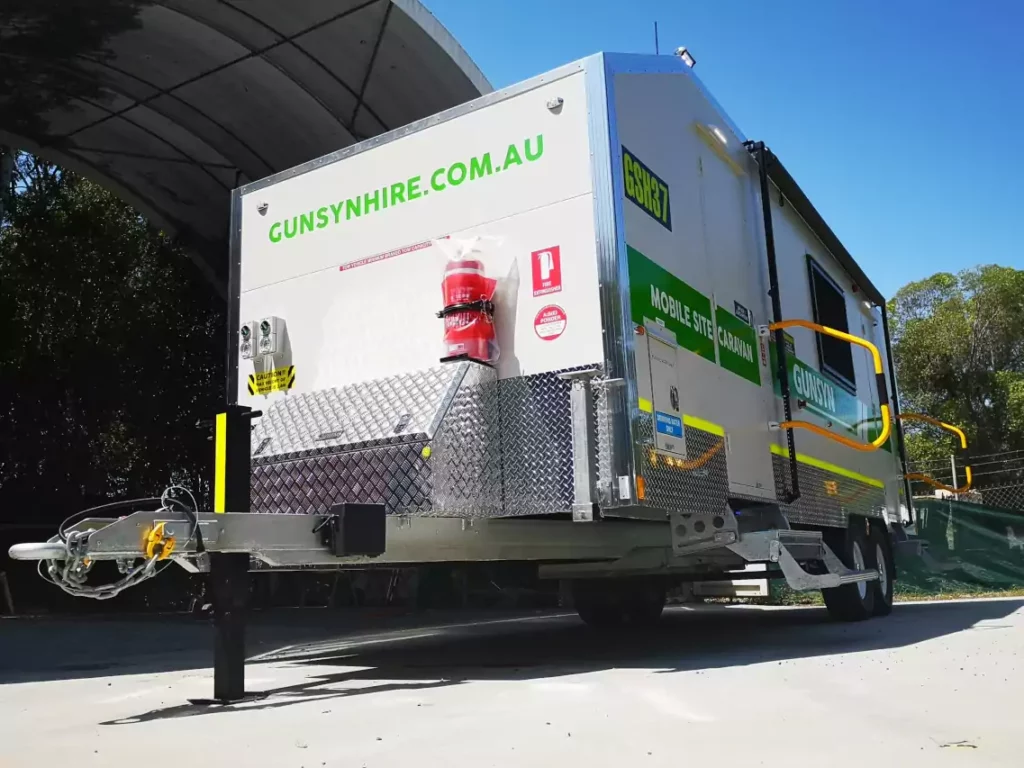 Dramatic image of 7.2 caravan viewed from ground up of front of unit.